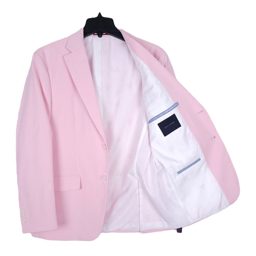 Tommy Hilfiger Mens Modern Fit 2 Piece Suit 44L 36x34 Light Pink Solid Chambray - Picture 3 of 14